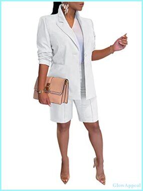 2 Piece Blazer Shorts Set Polyester Spandex Work Suit Open Front